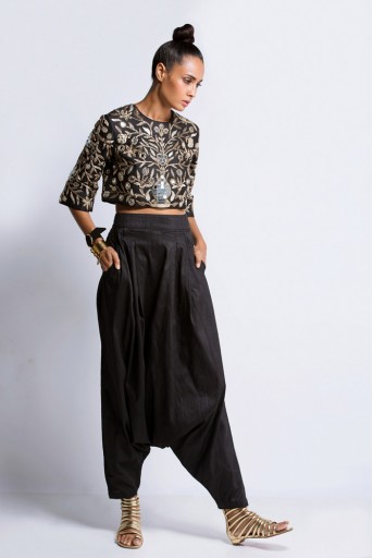 PS-FW311S Black Dupion Silk Crop Top with Low Crotch Pant