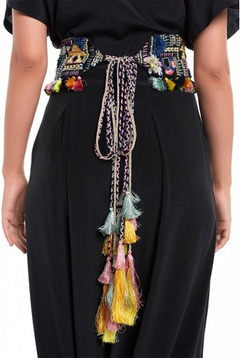 PS-BL003  Black Dupion Silk Istanbul Embroidered Tie- Up Belt with Colourful Tassels