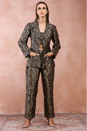 PS-JK0088-A  Black Embroidered Blazer With Bustier And Pant
