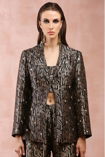 PS-JK0088-A  Black Embroidered Blazer With Bustier And Pant