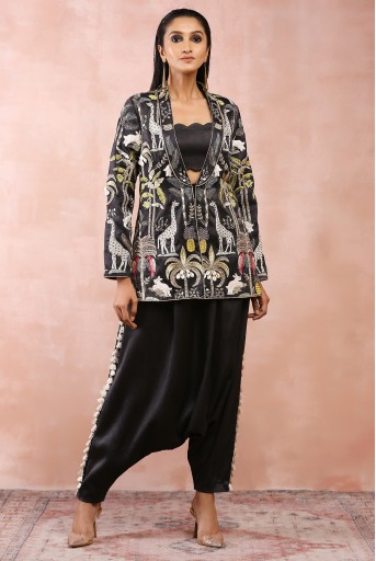 PS-JK0090  Black Embroidered Jacket With Bustier And Low Crotch Pant