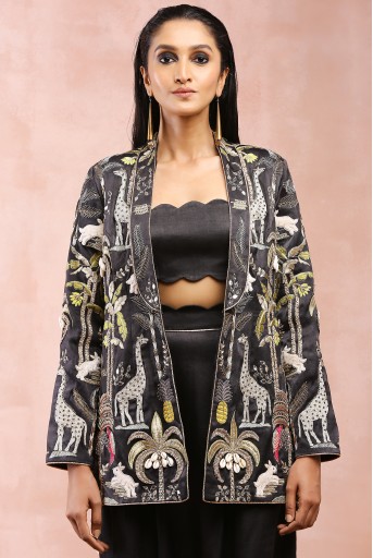 PS-JK0090  Black Embroidered Jacket With Bustier And Low Crotch Pant