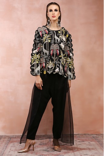 PS-PT0100  Black Embroidered Top And Organza Skirt Pant