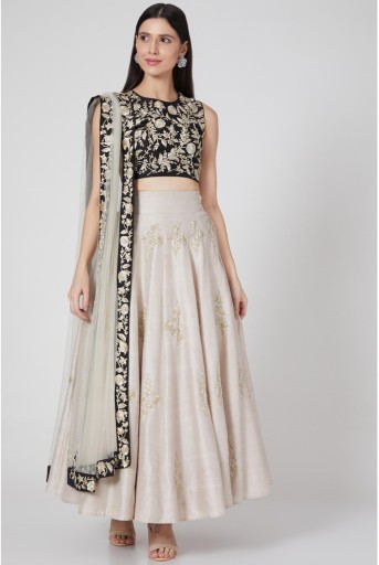 PS-FW370-T  Black Floral Embroidered Choli With Stone Nagmeh Style Light Lehenga & Stone Embriodered Dupatta