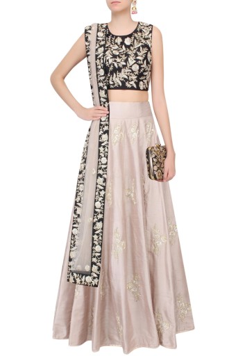 PS-FW370-T  Black Floral Embroidered Choli With Stone Nagmeh Style Light Lehenga & Stone Embriodered Dupatta