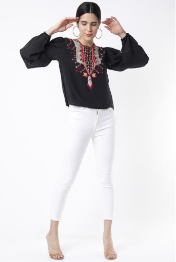 PS-TP0006  Black Georgette Embroidered Balloon Top