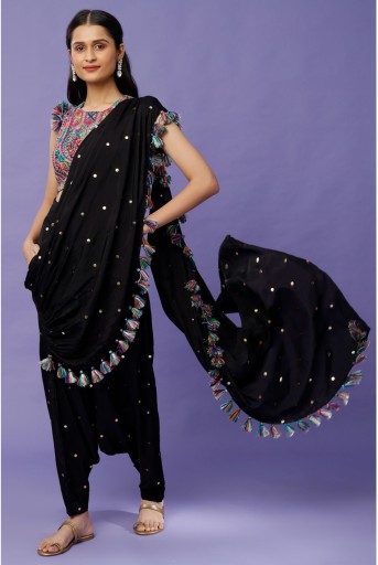 PS-TL0014-B  Black Georgette Embroidered Choli And Mukaish Silk Low Crotch Pant With Attached Drape