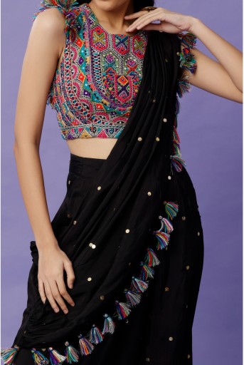 PS-TL0014-B  Black Georgette Embroidered Choli And Mukaish Silk Low Crotch Pant With Attached Drape