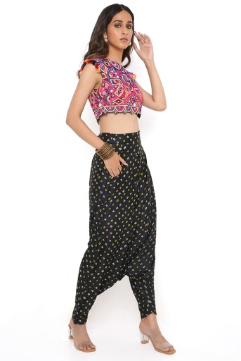 PS-FW771-B  Black Georgette Embroidered Choli With Bandhani Silk Low Crotch Pants