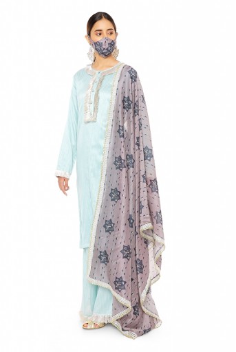 PS-KP0045  Blue Colour Chanderi Stripe Kurta with Palazzo and Purple Star Printed Silkmul Dupatta with Matching Structured 3 Ply Mask
