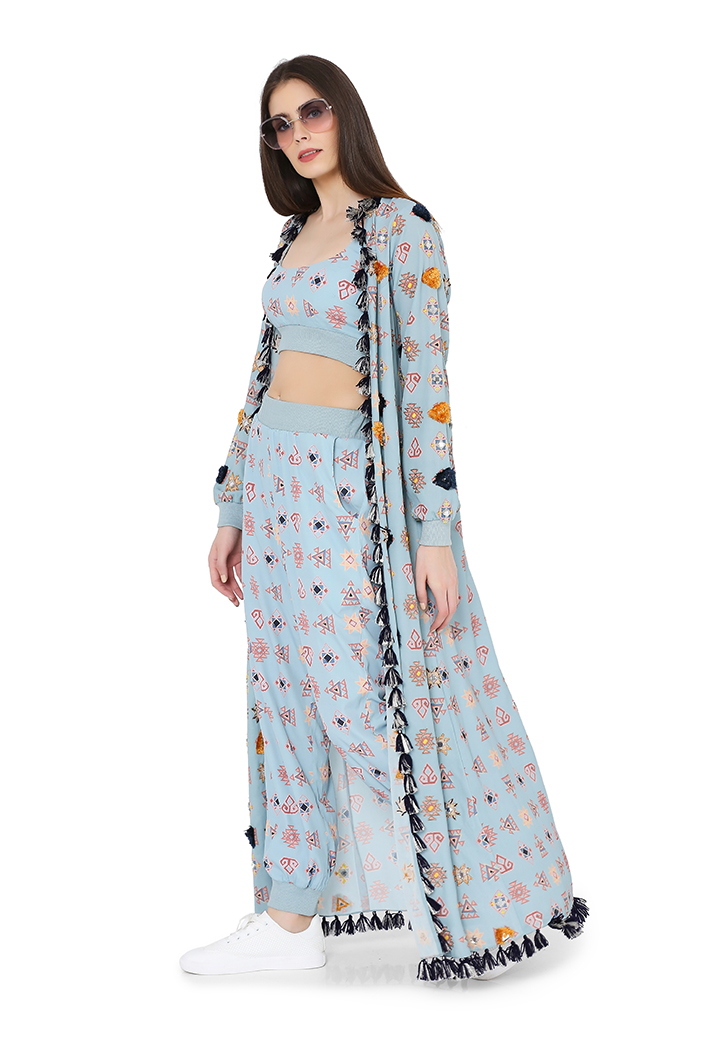Blue Colour Printed Art Georgette Duster Jacket with Art Crepe