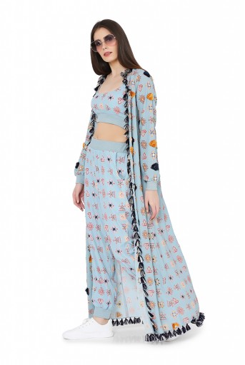 PS-FW794  Blue Colour Printed Art Georgette Duster Jacket with Art Crepe Bustier and Jogger Pant