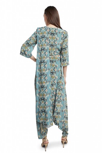 PS-ST1188-TT  Blue Colour Printed Crepe Crop Top and Low Crotch pant with Attached Blue Colour Printed Georgette Drape