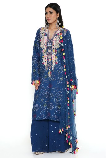 PS-KP0174-A  Blue Print Bandhani Silk Embroidered Kurta With Mukaish Georgette Pallazo And Mukaish Net Dupatta