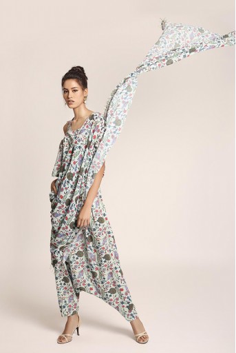 PS-ST1367M Blue Printed Art Crepe Top and Low Crotch Pant with attached Printed Art Georgette Drape