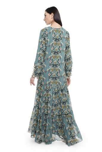 PS-DR0009-B  Blue Printed Art Georgette Tiered Dress