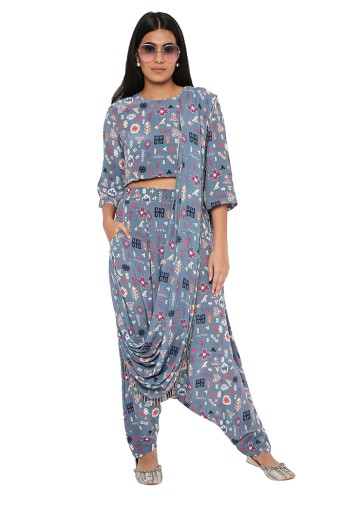 PS-ST1188-WW  Blue Printed Crepe Crop Top And Low Crotch Pant With Attached Printed Georgette Drape Dupatta
