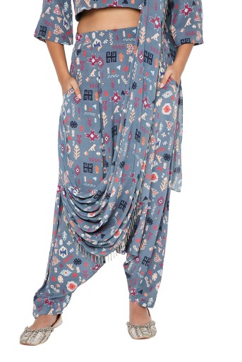 PS-ST1188-WW  Blue Printed Crepe Crop Top And Low Crotch Pant With Attached Printed Georgette Drape Dupatta