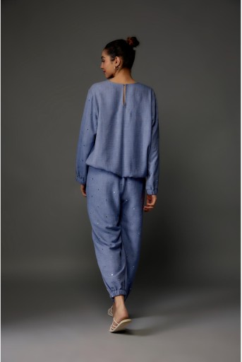 PS-PT0050-G-1  Bluish Grey Soft Linen Embroidered Top And Jogger Pants