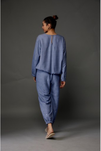 PS-PT0050-G  Bluish Grey Soft Linen Embroidered Top & Jogger Pant