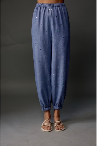 PS-PT0050-G  Bluish Grey Soft Linen Embroidered Top & Jogger Pant