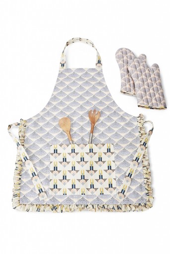 PS-AM0002  Blush and Cream Colour Printed Canvas Apron with Mittens and Pouch Set in Gift Box