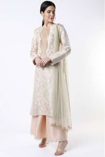PS-FW477-A  Blush Brocade Fan Embroidered Yoke Kurta With Silk Bustier And Cropped Palazzo Pants With Mint Organza Dupatta