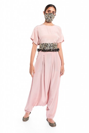 PS-PT0017  Blush Colour Crepe Kaftan Top and Low Crotch Pant with Black Colour Dupion Silk Embroidered Mask and Tie-Up Belt