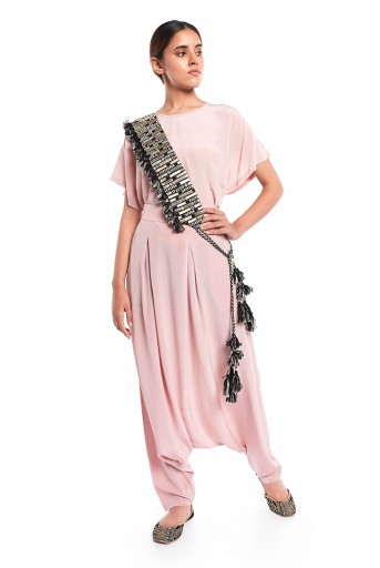PS-PT0017  Blush Colour Crepe Kaftan Top and Low Crotch Pant with Black Colour Dupion Silk Embroidered Mask and Tie-Up Belt