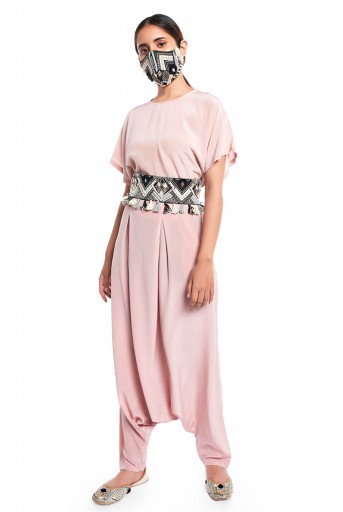 PS-PT0023  Blush Colour Crepe Short Kaftan Top and Low Crotch Pant with Black Dupion Silk Embroidered Mask and Tie Up Belt