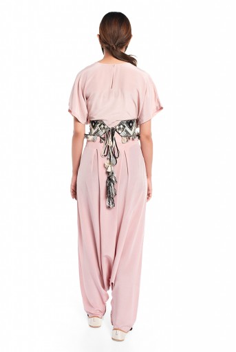 PS-PT0023  Blush Colour Crepe Short Kaftan Top and Low Crotch Pant with Black Dupion Silk Embroidered Mask and Tie Up Belt