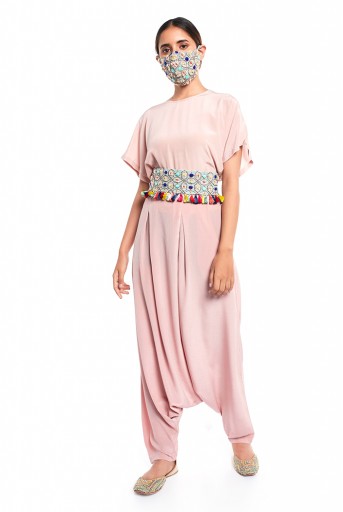 PS-PT0019  Blush Colour Crepe Short Kaftan Top and Low Crotch Pant with Pale Blue Colour Crepe Embroidered Mask and Tie Up Belt