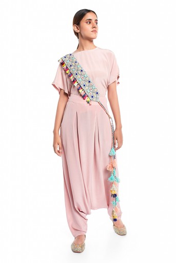 PS-PT0019  Blush Colour Crepe Short Kaftan Top and Low Crotch Pant with Pale Blue Colour Crepe Embroidered Mask and Tie Up Belt