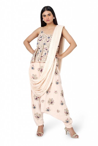 PS-FW581-F  Blush Colour Georgette Top with Crepe Low Crotch Pant and Attached Mukaish Georgette Drape