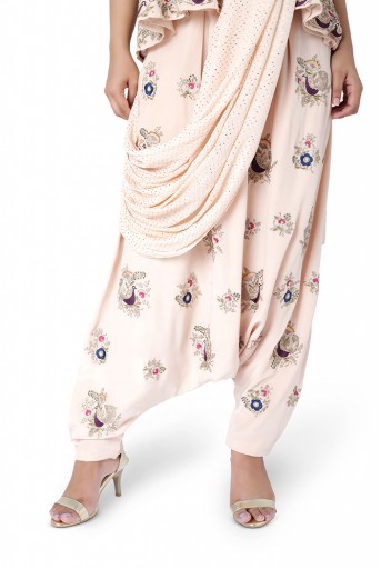 PS-FW581-F  Blush Colour Georgette Top with Crepe Low Crotch Pant and Attached Mukaish Georgette Drape