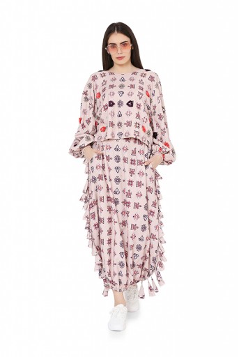 PS-FW798  Blush Colour Printed Art Crepe Oversized Top with Balloon Skirt