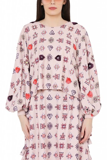 PS-FW798  Blush Colour Printed Art Crepe Oversized Top with Balloon Skirt