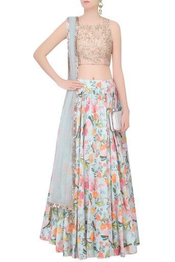 PS-ST0522-C  Blush Floral Embroidered Choli With Pale Blue Floral Print Lehenga & Dupatta