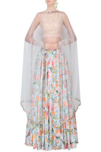 PS-ST0522-C  Blush Floral Embroidered Choli With Pale Blue Floral Print Lehenga & Dupatta