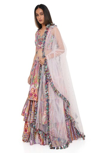 PS-TS0013  Blush Georgette Embroidered Choli With African Print Dupion Silk Ruffled Skirt And Baby Pink Dupatta