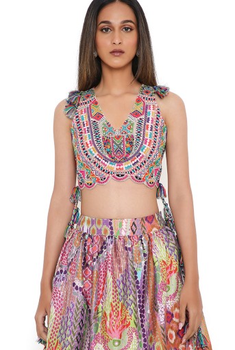 PS-TS0013  Blush Georgette Embroidered Choli With African Print Dupion Silk Ruffled Skirt And Baby Pink Dupatta