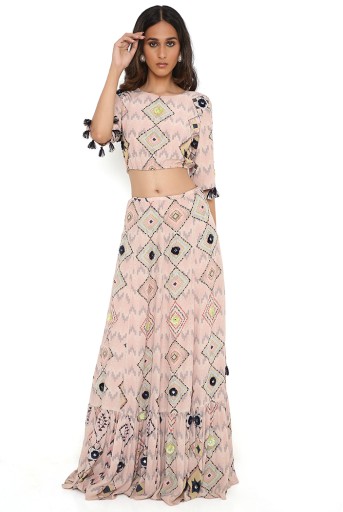 PS-FW732-A  Blush mosaic diamond print crepe embroidered ballon top with frill skirt.
