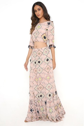 PS-FW732-A  Blush mosaic diamond print crepe embroidered ballon top with frill skirt.
