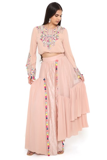 PS-FW720-A  Blush Pink Embroidered Top With Blush Pink Organza And Georgette Asymmetric Skirt
