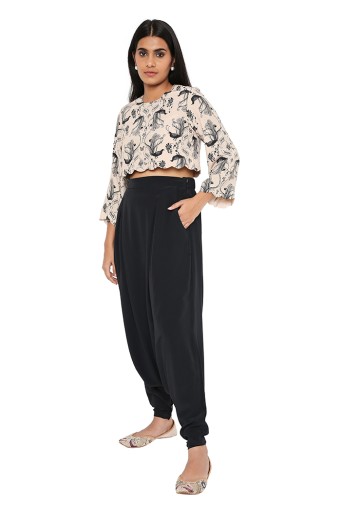 PS-FW437-Q  Blush Printed Crepe Crop Top With Black Silk Low Crotch Pant