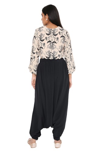 PS-FW437-Q  Blush Printed Crepe Crop Top With Black Silk Low Crotch Pant