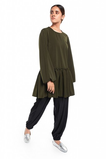 PS-TU1524-A  Bottle Green Colour Thick Georgette Frill Hem Tunic
