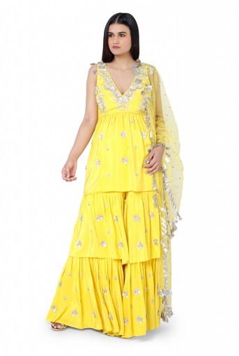 PS-FW593-F  Bright Yellow Colour Crepe Kurta with Layered Sharara Pant and Mukaish Net Dupatta