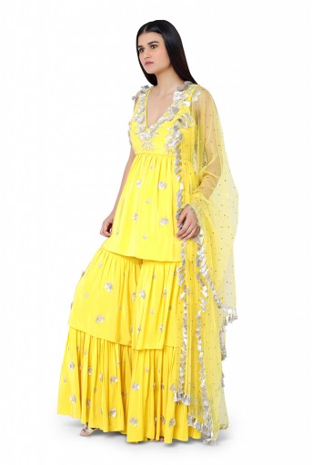 PS-FW593-F  Bright Yellow Colour Crepe Kurta with Layered Sharara Pant and Mukaish Net Dupatta