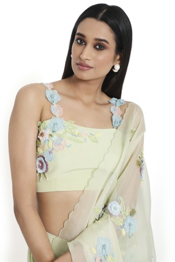 PS-SR0062-A  Camellia Mint Embroidered Choli And Pre-Stitched Saree With Detachable Embroidered Pallu